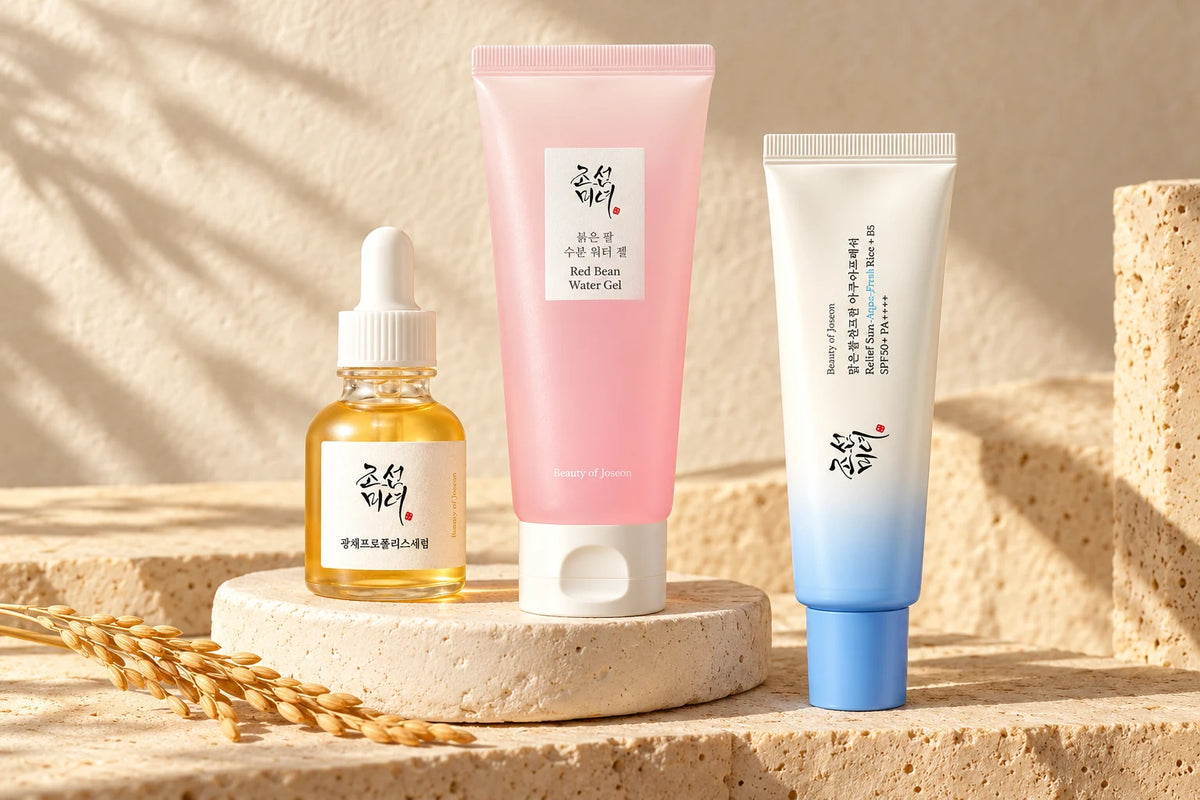 Glow Serum, Red Bean Water Gel og Relief Sun Aqua-Fresh i varmt sollys på lys keramik og natursten.