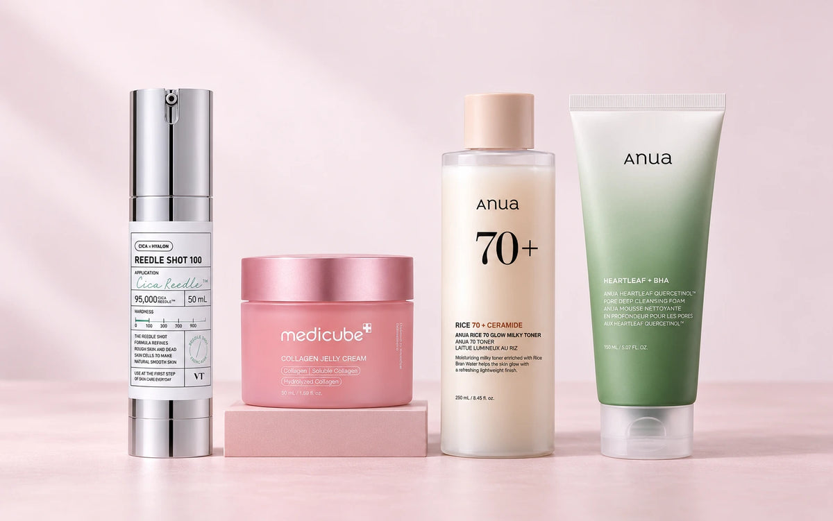 VT Reedle Shot, Medicube Collagen Jelly Cream og Anua-plejeprodukter pænt side om side på en rosafarvet studiebaggrund.