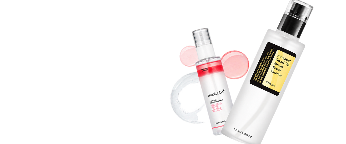 Medicube Spray-Serum und COSRX Snail Essence, freigestellt ohne Schlagschatten