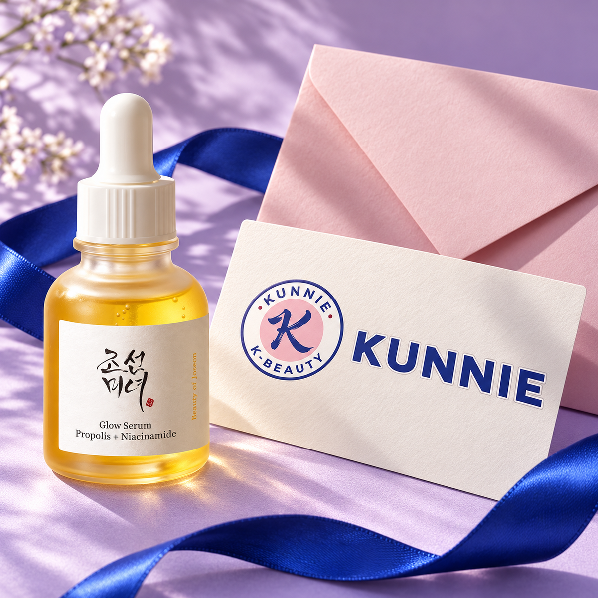 Kunnie-Karte, rosa Umschlag und Beauty-of-Joseon-Serum